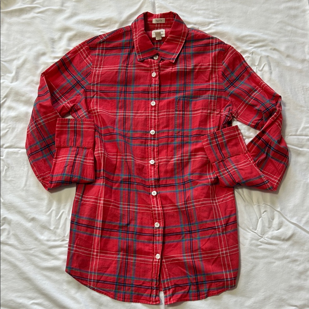 J. Crew Perfect Fit Womens Red Purple Green Plaid Button Down Shirt XS